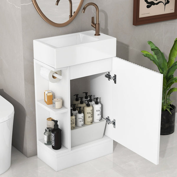 English Elm 18.6" Bathroom Vanity with Sink and Ceramic Top, MDF Cabinet with Door, TP Holder & Shelf White N725P212181K