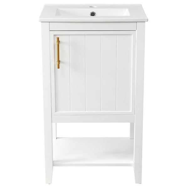 English Elm 20" Matte Freestanding Bathroom Vanity Rubberwood Cabinet Ceramic Sink Open Shelf White N725P391115K