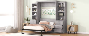 English Elm Full Full Size Murphy Bed with Storage Shelves & Drawers, Gray Cabinet Foldaway Space-Saving Design GX002007AAE