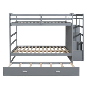 English Elm Full Over Bunk Bed with Staircase Storage Drawers and Twin Trundle Pinewood Frame Gray LT100268AAE