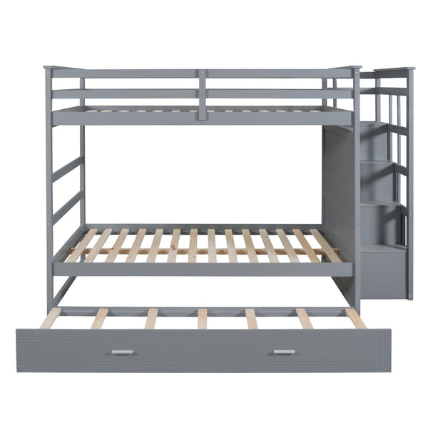 English Elm Full Over Bunk Bed with Staircase Storage Drawers and Twin Trundle Pinewood Frame Gray LT100268AAE