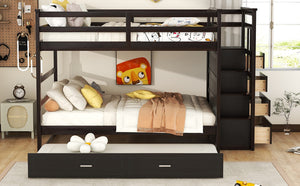 English Elm Full Over Bunk Bed with Staircase Storage Drawers and Twin Trundle Pinewood Frame Espresso LT100268AAP