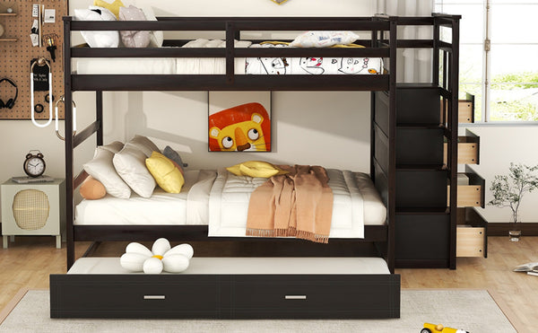 English Elm Full Over Bunk Bed with Staircase Storage Drawers and Twin Trundle Pinewood Frame Espresso LT100268AAP