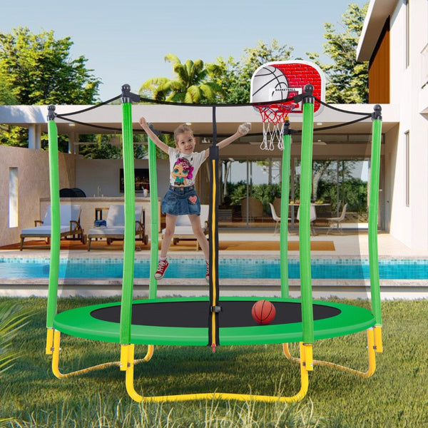 English Elm 5.5ft Kids Trampoline Steel Frame Enclosure Net Basketball Hoop Safe Bouncer Grass Green MS309258AAF