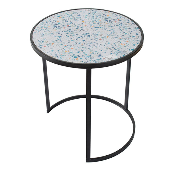 English Elm Set of 2 Nesting Round Side Tables Speckled Blue Iron Frame Compact Living Room W2078127540