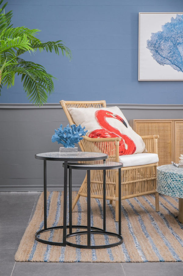 English Elm Set of 2 Nesting Round Side Tables Speckled Blue Iron Frame Compact Living Room W2078127540