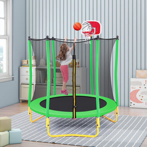 English Elm 5.5ft Kids Trampoline Steel Frame Enclosure Net Basketball Hoop Safe Bouncer Grass Green MS309258AAF