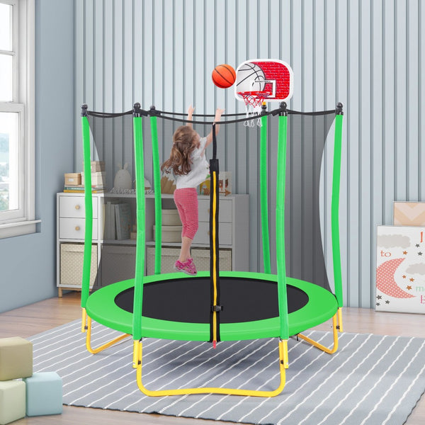 English Elm 5.5ft Kids Trampoline Steel Frame Enclosure Net Basketball Hoop Safe Bouncer Grass Green MS309258AAF