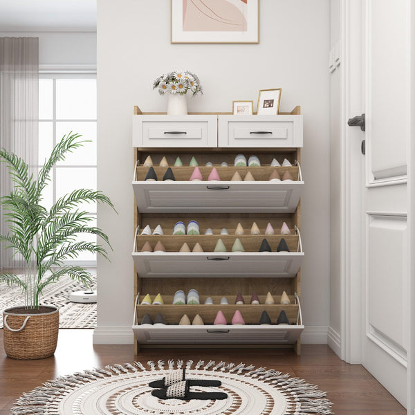English Elm 1250 Rotating Shoe Cabinet White Oak Two-tone Entryway Storage Holds 24 Pairs W1320P144273