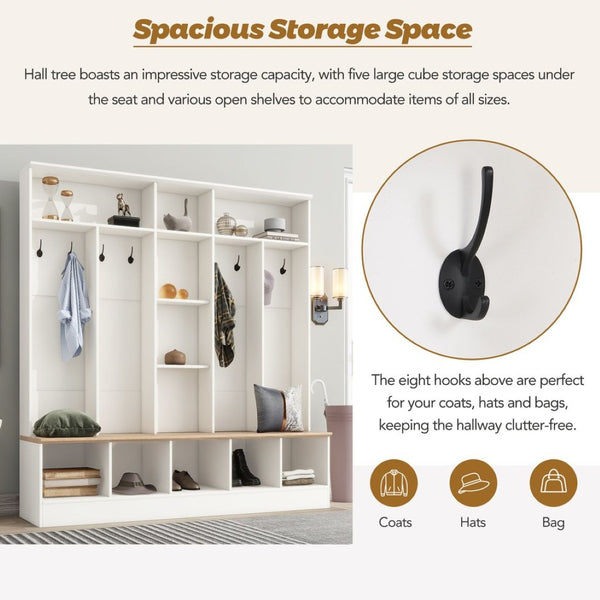 English Elm On-trend Wide White Hall Tree with Bench Seating Cube Shelves and 8 Coat Hooks N721S000021K