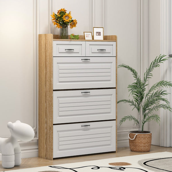English Elm 1250 Rotating Shoe Cabinet White Oak Two-tone Entryway Storage Holds 24 Pairs W1320P144273