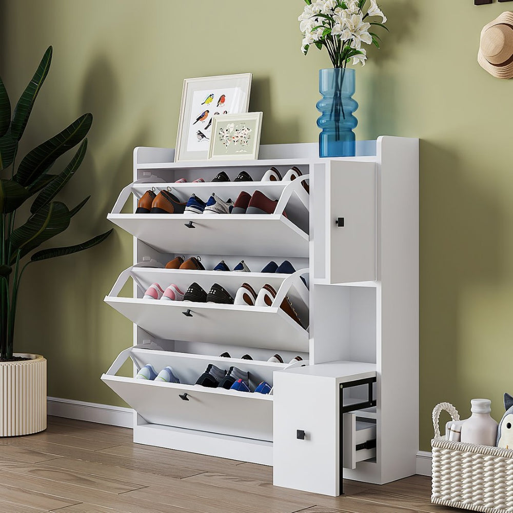 English Elm On-trend White Flip Drawer Shoe Cabinet with Fold Down Bench Seat for Entryway WF308545AAK