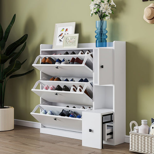 English Elm On-trend White Flip Drawer Shoe Cabinet with Fold Down Bench Seat for Entryway WF308545AAK