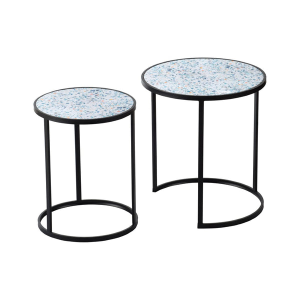 English Elm Set of 2 Nesting Round Side Tables Speckled Blue Iron Frame Compact Living Room W2078127540