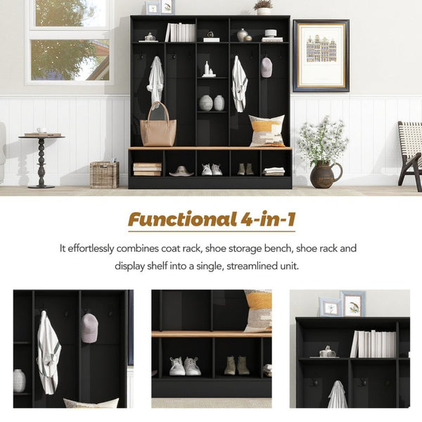 English Elm On-trend Wide White Hall Tree with Bench Seating Cube Shelves and 8 Coat Hooks N721S000021B