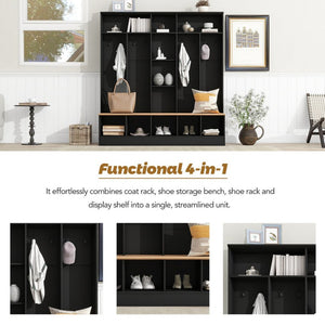 English Elm On-trend Wide White Hall Tree with Bench Seating Cube Shelves and 8 Coat Hooks N721S000066B