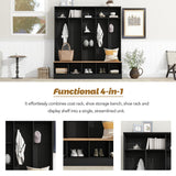 English Elm Wide Design Hall Tree With Storage Bench, Minimalist Shoe Cabinet With Cube Storage & Shelves, Multifunctional Coat Rack With 8 Hooks For Entryways, Mudroom, Black