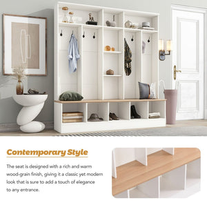 English Elm On-trend Wide White Hall Tree with Bench Seating Cube Shelves and 8 Coat Hooks N721S000021K