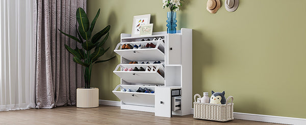 English Elm On-trend White Flip Drawer Shoe Cabinet with Fold Down Bench Seat for Entryway WF308545AAK