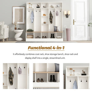 English Elm On-trend Wide White Hall Tree with Bench Seating Cube Shelves and 8 Coat Hooks N721S000021K
