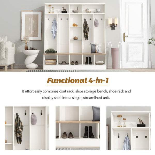 English Elm On-trend Wide White Hall Tree with Bench Seating Cube Shelves and 8 Coat Hooks N721S000021K