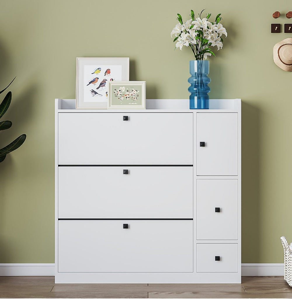 English Elm On-trend White Flip Drawer Shoe Cabinet with Fold Down Bench Seat for Entryway WF308545AAK