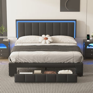 English Elm Upholstered Platform Bed With Led Lights and Two Motion Activated Night Lights,Queen Size Storage Bed With Drawer, Black