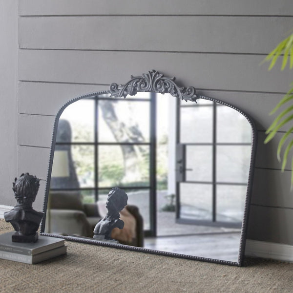 English Elm 40" Baroque Arch Wall Mirror Ornate Iron Frame Gilded Finish for Entryway or Mantel Black W2078127697
