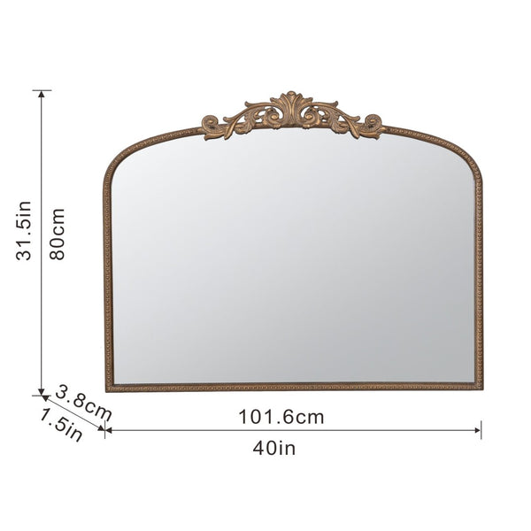 English Elm 40" Baroque Arch Wall Mirror Ornate Iron Frame Gilded Finish for Entryway or Mantel Gold W2078127696