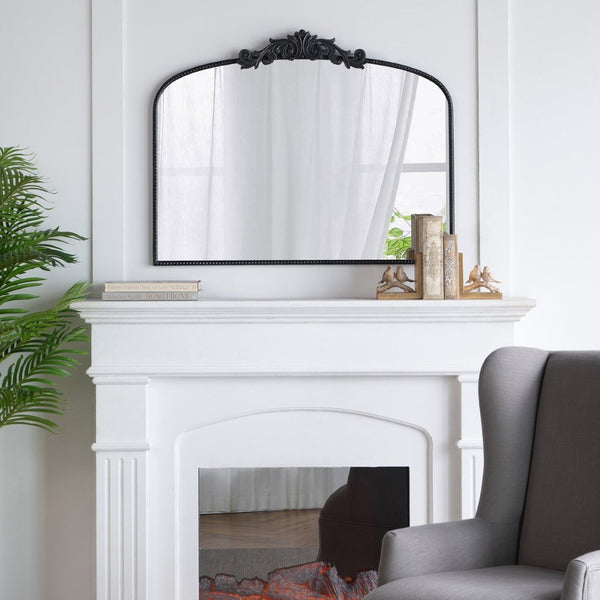 English Elm 40" Baroque Arch Wall Mirror Ornate Iron Frame Gilded Finish for Entryway or Mantel Black W2078127697