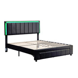 English Elm Upholstered Platform Bed With Led Lights and Two Motion Activated Night Lights,Queen Size Storage Bed With Drawer, Black