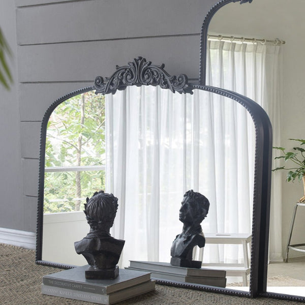 English Elm 40" Baroque Arch Wall Mirror Ornate Iron Frame Gilded Finish for Entryway or Mantel Black W2078127697