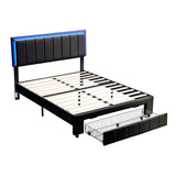 English Elm Upholstered Platform Bed With Led Lights and Two Motion Activated Night Lights,Queen Size Storage Bed With Drawer, Black