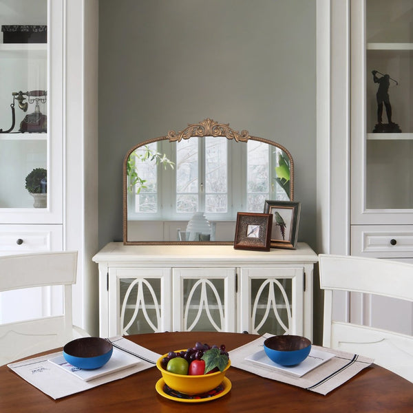 English Elm 40" Baroque Arch Wall Mirror Ornate Iron Frame Gilded Finish for Entryway or Mantel Gold W2078127696