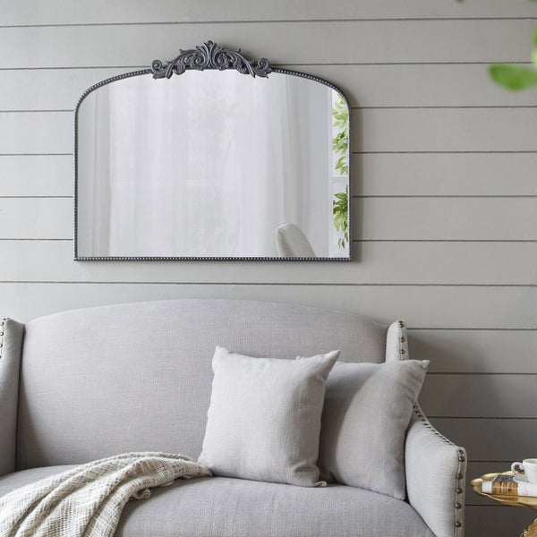 English Elm 40" Baroque Arch Wall Mirror Ornate Iron Frame Gilded Finish for Entryway or Mantel Black W2078127697