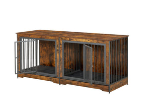 English Elm Super Large Double Dog Crate Tv Stand Rustic Brown Wood Media Console Pet Kennel W1162118950
