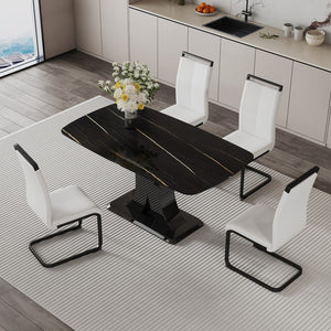 Hearth and Haven A Modern Minimalist Dining Table with Four Chairs. Black Imitation Marble Desktop with Mdf Legs.4 Dining Chairs with White Leatherette Backrest Cushions and Black Metal Legs.Table Size 63 "x 35.4" x 30" W1151S00470