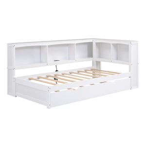 English Elm Twin Size Daybed with Trundle, Built-In Storage Cabinets, Curved Details and Dual USB Ports for Small Spaces White GX000353AAK