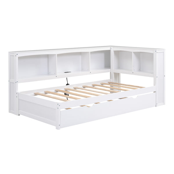 English Elm Twin Size Daybed with Trundle, Built-In Storage Cabinets, Curved Details and Dual USB Ports for Small Spaces White GX000353AAK