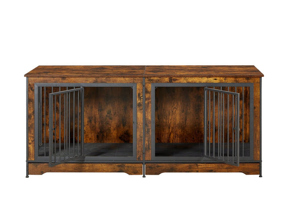 English Elm Super Large Double Dog Crate Tv Stand Rustic Brown Wood Media Console Pet Kennel W1162118950