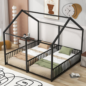 English Elm Metal Twin House Platform Bed with Guardrails and Playful Roof Window Design for Families Black MF307505AAB