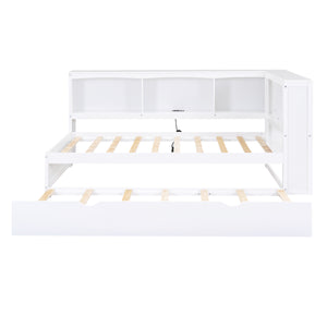 English Elm Twin Size Daybed with Trundle, Built-In Storage Cabinets, Curved Details and Dual USB Ports for Small Spaces White GX000353AAK