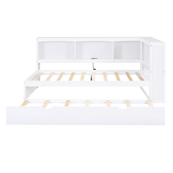 English Elm Twin Size Daybed with Trundle, Built-In Storage Cabinets, Curved Details and Dual USB Ports for Small Spaces White GX000353AAK