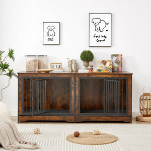 English Elm Super Large Double Dog Crate Tv Stand Rustic Brown Wood Media Console Pet Kennel W1162118950