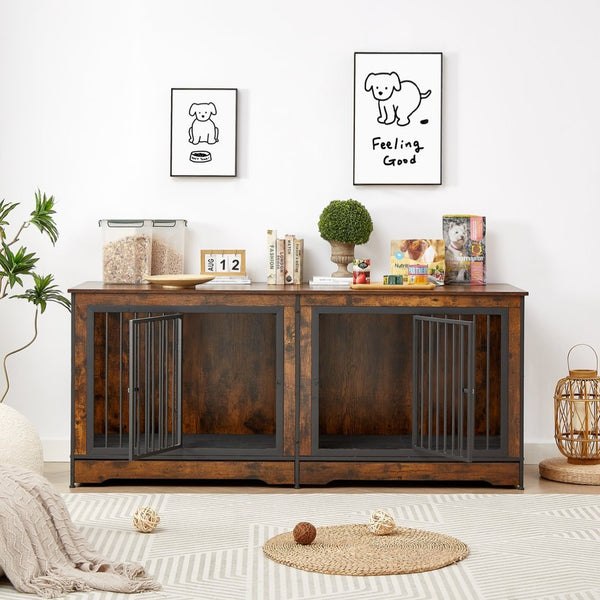 English Elm Super Large Double Dog Crate Tv Stand Rustic Brown Wood Media Console Pet Kennel W1162118950