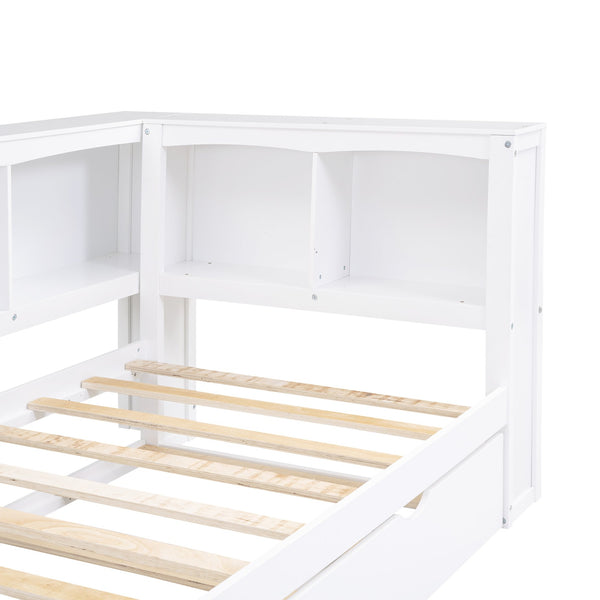 English Elm Twin Size Daybed with Trundle, Built-In Storage Cabinets, Curved Details and Dual USB Ports for Small Spaces White GX000353AAK