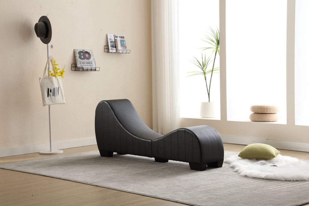 English Elm Factory Yoga Chaise Lounge for Stretching & Relaxation — Modern Faux Leather Curved Sofa Accent Piece Black W1628120406