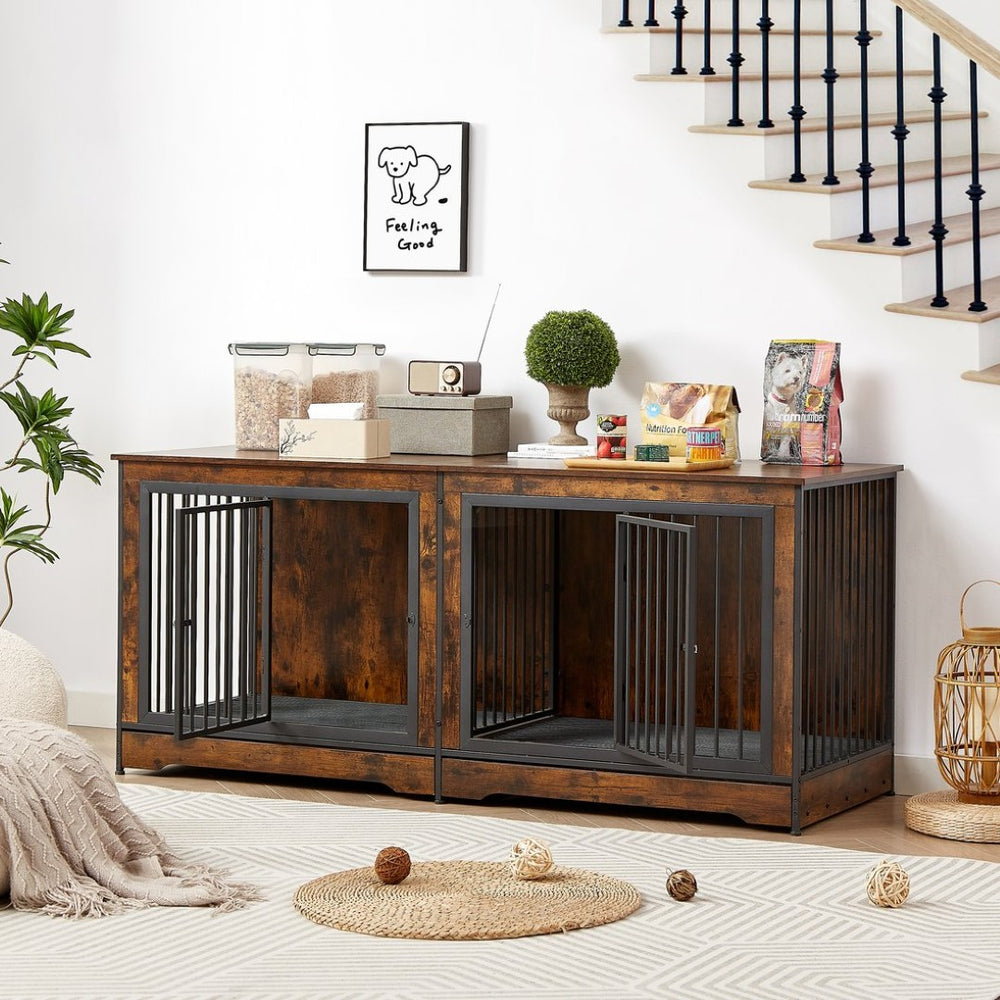 English Elm Super Large Double Dog Crate Tv Stand Rustic Brown Wood Media Console Pet Kennel W1162118950