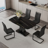 Hearth and Haven A Modern Minimalist Dining Table with Four Chairs. Black Imitation Marble Desktop with Mdf Legs.4 Dining Chairs with Black Leatherette Backrest Cushions and Black Metal Legs.Table Size 63 "x 35.4" x 30" W1151S00472