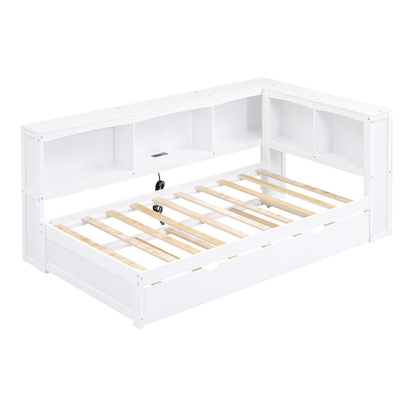 English Elm Twin Size Daybed with Trundle, Built-In Storage Cabinets, Curved Details and Dual USB Ports for Small Spaces White GX000353AAK